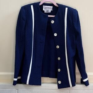 Castleberry vintage women’s 6 Navy Blue knit sweater with White Stripes jacket